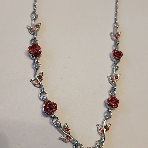 Red Rose Necklace on Silver Tone Chain w/ Red Rhinestone Crystals - Picture 3 of 4